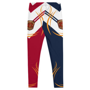 FCL-themed leggings with a bold red, navy blue, and white design, accented by gold swirls and the FCL crest.