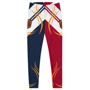 FCL-themed leggings with a bold red, navy blue, and white design, accented by gold swirls and the FCL crest.