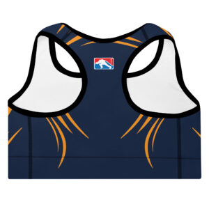 navy blue FCL-themed padded sports bra with gold accents and the FCL crest in the center