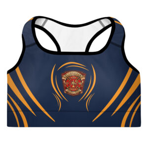 navy blue FCL-themed padded sports bra with gold accents and the FCL crest in the center