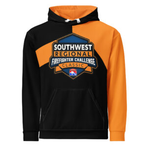 Southwest Regional Firefighter Challenge League hoodie in bold black and orange with prominent Southwest Regional logo, worn by two supporters celebrating.