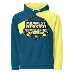 Midwest Regional Firefighter Challenge League hoodie in blue and yellow with bold Midwest Regional logo