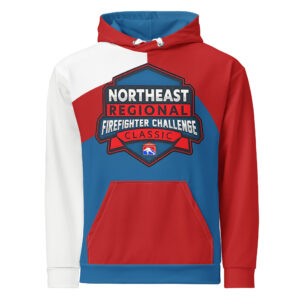 Northeast Regional Firefighter Challenge League hoodie in blue and red with prominent Northeast Regional logo, worn by two enthusiastic supporters.