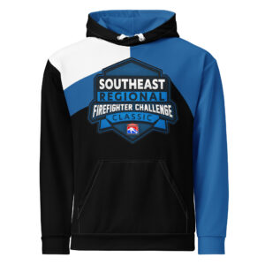 Firefighter Challenge League Southeast Regional hoodie in blue, black, and white, worn by two enthusiastic supporters, displaying the Southeast Regional logo.