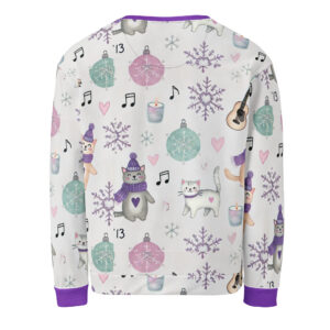 White holiday sweater with a playful print featuring cats in scarves, music notes, festive ornaments, snowflakes, and purple accents.