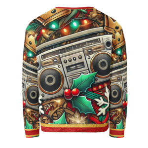 Black holiday sweatshirt featuring a Christmas tree design made from retro boomboxes, crowns, and holly on the front, with matching holiday-themed sleeves.