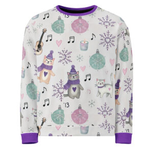 White holiday sweater with a playful print featuring cats in scarves, music notes, festive ornaments, snowflakes, and purple accents.