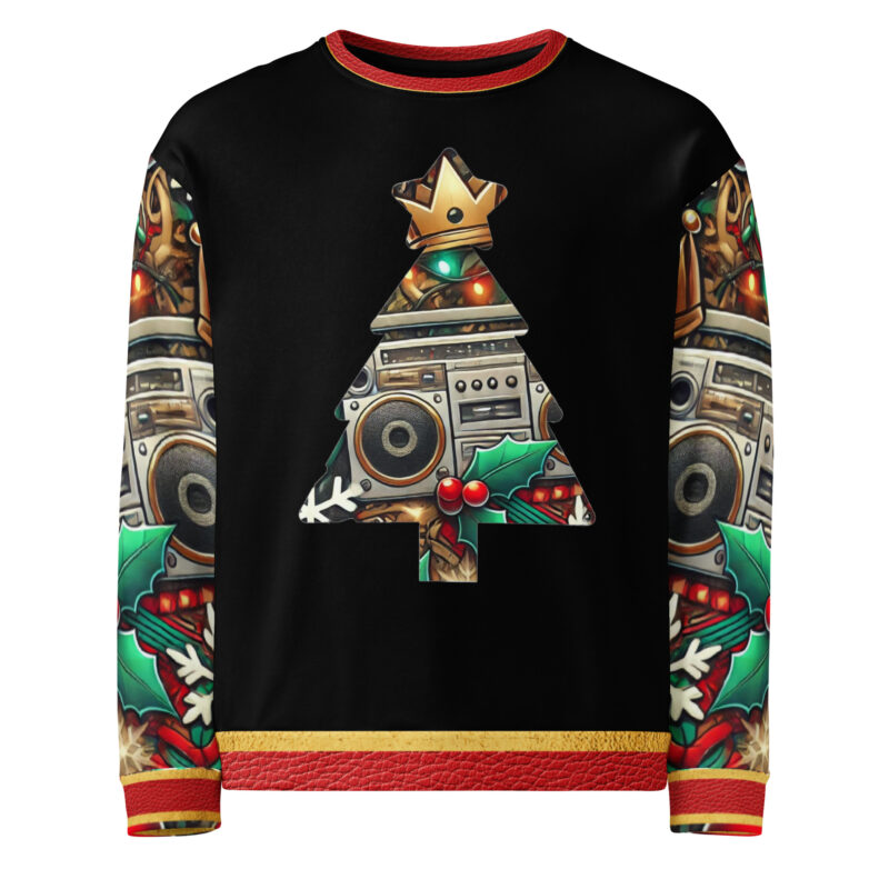 Black holiday sweatshirt featuring a Christmas tree design made from retro boomboxes, crowns, and holly on the front, with matching holiday-themed sleeves.