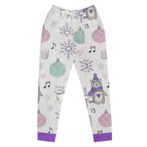 Women’s holiday joggers featuring a playful print of cats in scarves, snowflakes, pastel ornaments, and music notes with soft purple cuffs.