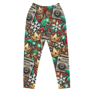 Holiday-themed joggers featuring a print of golden crowns, retro boomboxes, snowflakes, and holly berries on a vibrant background.