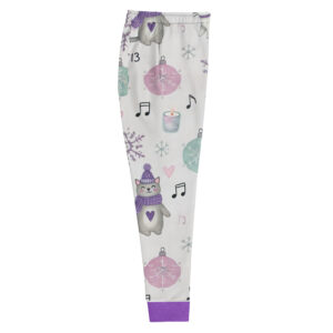 Women’s holiday joggers featuring a playful print of cats in scarves, snowflakes, pastel ornaments, and music notes with soft purple cuffs.