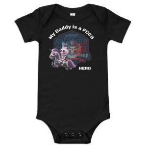 baby onesie with the text 'My Daddy is an FCCS Hero' alongside an FCCS mascot graphic and championship details