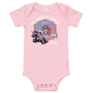 baby onesie with the text 'My Daddy is an FCCS Hero' alongside an FCCS mascot graphic and championship details