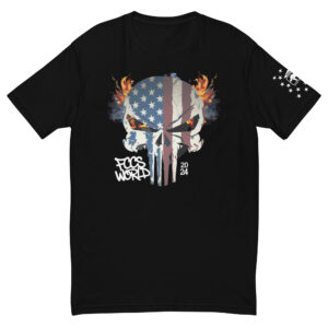 black FCCS Punisher T-shirt featuring a skull design with an American flag overlay, flaming accents, and the text 'FCL World 2024.