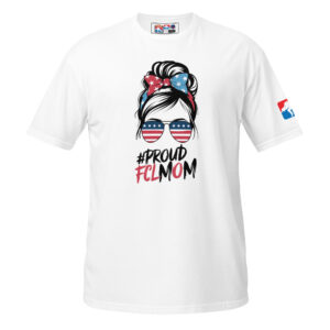 White T-shirt with a graphic design featuring a trendy topknot hairstyle, American flag sunglasses, and the text '#ProudFCLMom' in bold lettering