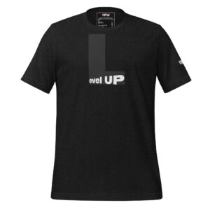 Black t-shirt with a bold "Level UP" graphic in minimalistic design, featuring a large “L” and contrasting text.