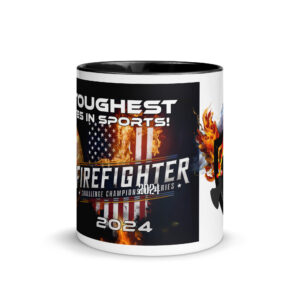 White ceramic mug with a blue interior featuring the bold FCCS 2024 logo, flames, and an American flag background, along with the text 'Toughest Athletes in Sports' and 'Firefighter Challenge Championship Series 2024