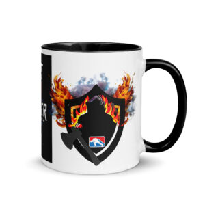 White ceramic mug with a blue interior featuring the bold FCCS 2024 logo, flames, and an American flag background, along with the text 'Toughest Athletes in Sports' and 'Firefighter Challenge Championship Series 2024